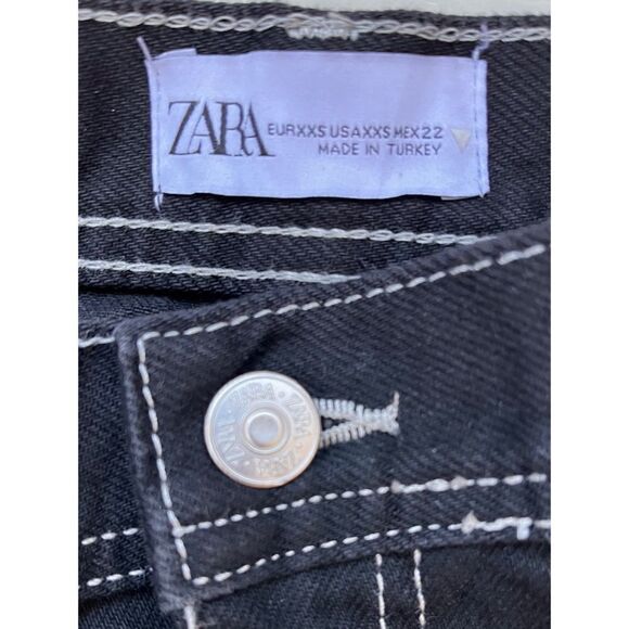 NWT Zara High Waist Long Black Denim Contrast Stitched Apron Skirt, Size XXS - Picture 6 of 9